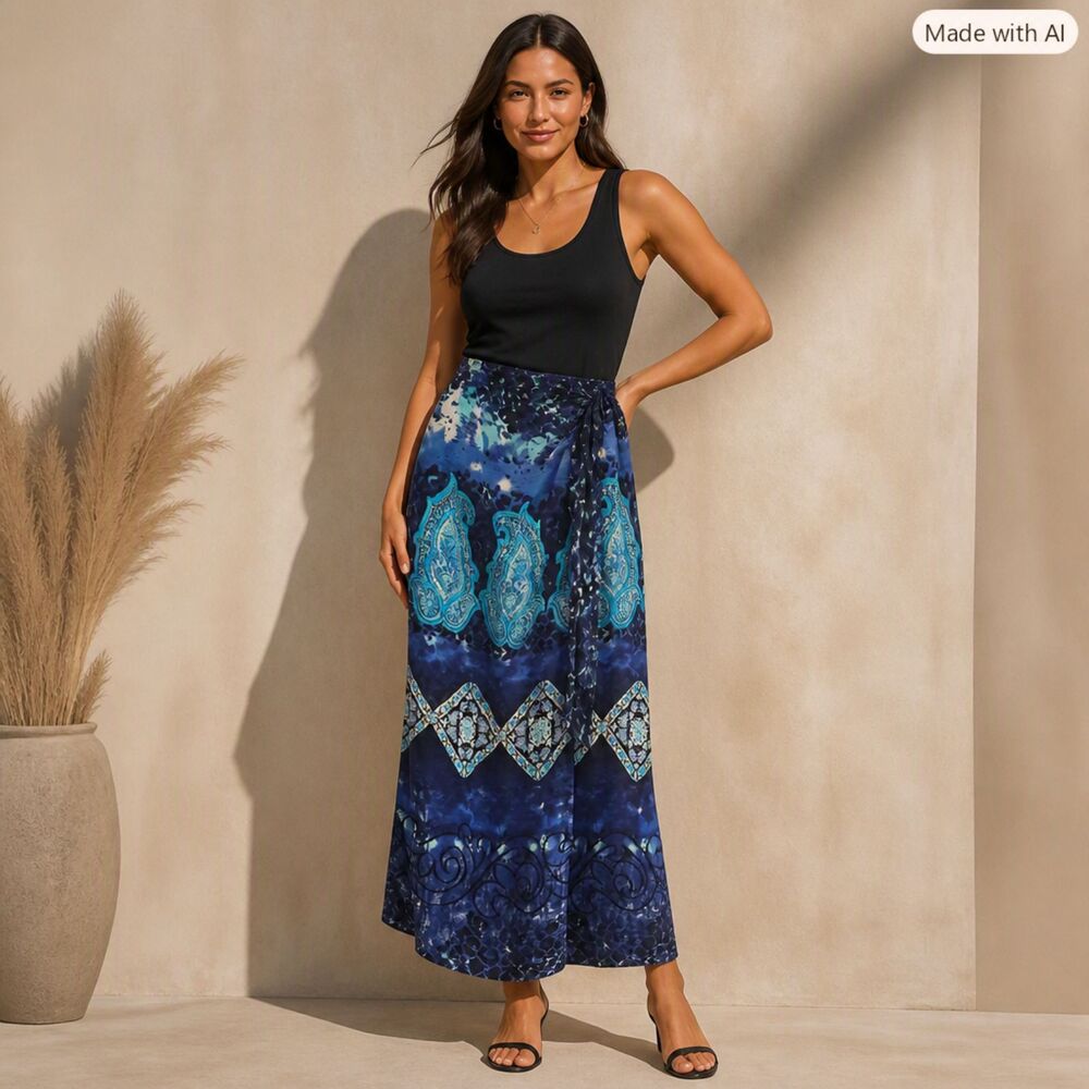 Louben Navy Teal Paisley Wrap Maxi Skirt – Boho Resort Style Size 6